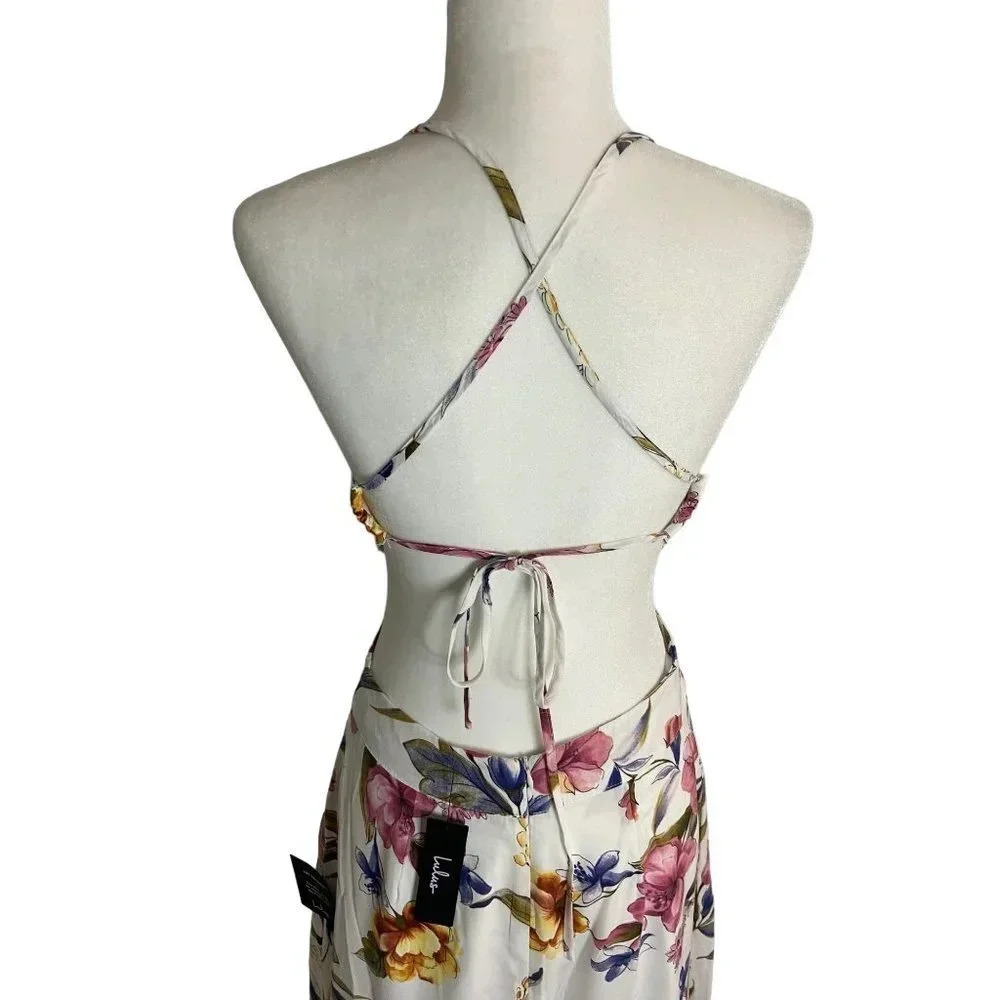 NWT Lulus Blossoming Hours Ivory Floral Keyhole Backless Halter Maxi Dress-sz Me - Picture 8 of 11